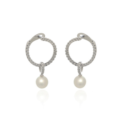 Mikimoto Classic 18k White Gold Diamond + Pearl Earrings // Store Display