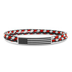 Stainless Steel + Braided Leather American Flag Bar Double Strand Bracelet // White + Black + Red