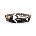 Tiger Eye + Steel Anchor + Braided Leather Bracelet Set // Black + Brown
