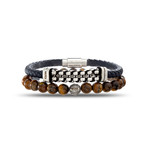 Woven Leather Cord + Oxidized Link Chain + Tiger Eye Bracelet Set // Black + Brown