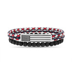 American Flag ID Bar Braided Leather + Onyx Bracelet // White + Black + Red