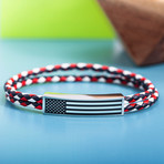 Stainless Steel + Braided Leather American Flag Bar Double Strand Bracelet // White + Black + Red