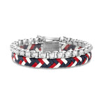 Rolo Chain + Braided Leather Bracelet // White + Red + Blue