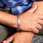 Stainless Steel + Braided Leather American Flag Bar Double Strand Bracelet // White + Black + Red