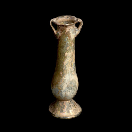 Ancient Roman Glass Vial // Yellow-Green // With Pedestal Foot + Handles // Ca. 100-300 AD