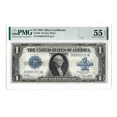 1923 $1 Large Size Silver Certificate // FR238 // Woods-White // PMG Certified AU55 EPQ