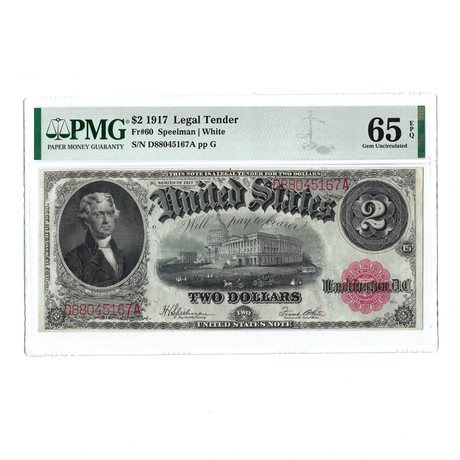 1917 $2 Large Size United States Note // FR60 //Speelman-White // PMG Certified GU65 EPQ