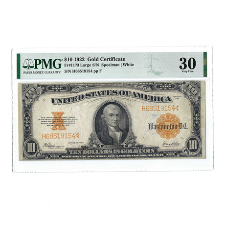 1922 $10 Large Size Gold Certificate // FR1173 // Speelman-White // PMG Certified VF30