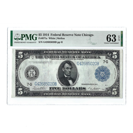 1914 $5 Large Size Federal Reserve Note // FR871a // White-Mellon // PMG Certified CU63 EPQ