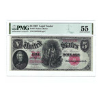 1907 $5 Large Size United States Note // FR87 // Parker-Burke // PMG Certified AU55