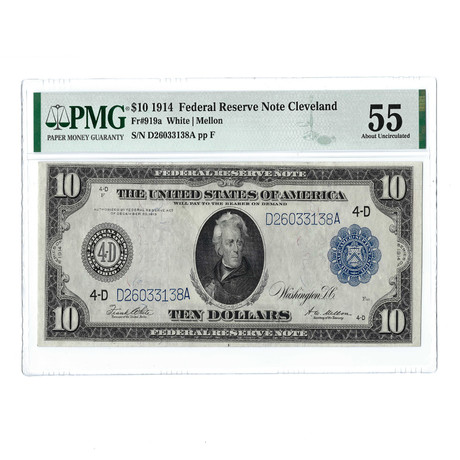 1914 $10 Large Size Federal Reserve Note // FR919a // White-Mellon // PMG Certified AU55