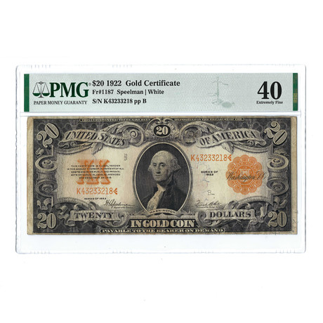 1922 $20 Large Size Gold Certificate // FR1187 // Speelman-White // PMG Certified XF40