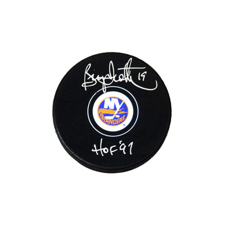Bryan Trottier // // Signed Hockey Puck // New York Islanders Logo // "HOF'97" Inscription