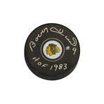 Bobby Hull // Signed Hockey Puck // Chicago Blackhawks Logo // "HOF 1983" Inscription