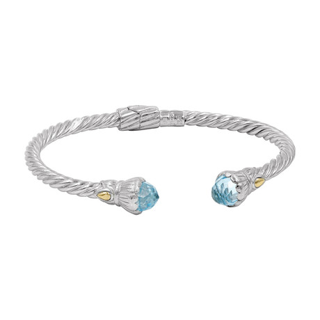 Bali Rhodium Sterling Silver + 18K Gold + Sky Blue Topaz Hinged Cable Bracelet // Silver + Gold + Sky Blue