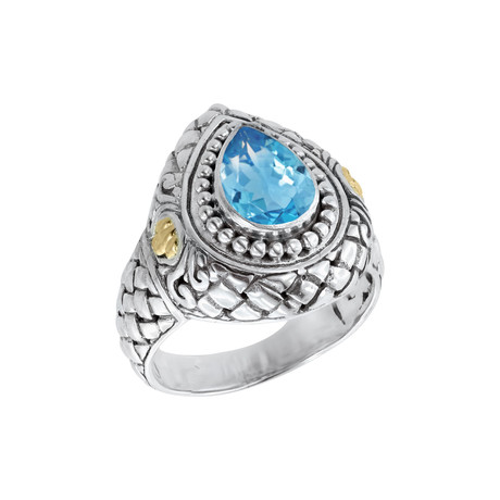Bali Sterling Silver + 18K Gold Pear Swiss Blue Topaz Basket Weave Ring (5)