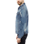 Distressed Ripped Denim Trucker Jacket // Medium Blue (3XL)