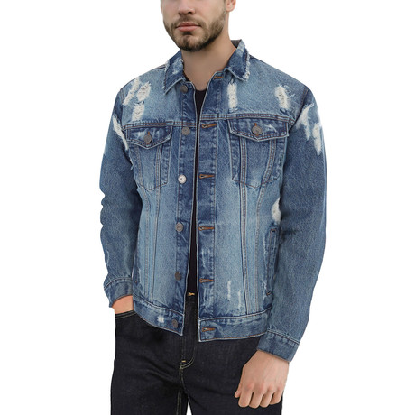 Distressed Ripped Denim Trucker Jacket // Medium Blue (S)