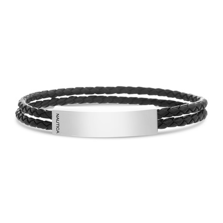 Polished Bar Double Strand Braided Leather Bracelet // Black