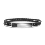 American Flag Bar Double Strand Braided Leather Bracelet // Black