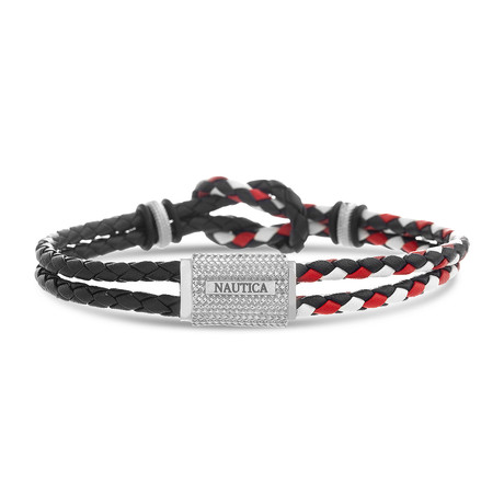 Rondelle Double Strand Braided Leather Knot Design Bracelet // Black + Red + White