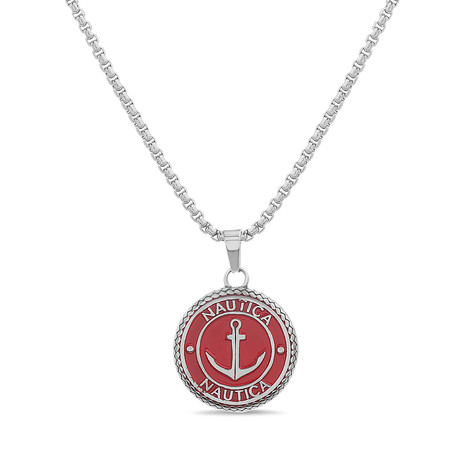 Stainless Steel + Enamel Anchor Design Disc Necklace // Red