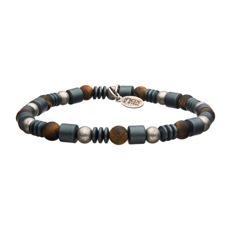 Hematite + Tiger Eye Bead Bracelet // Gunmetal + Brown