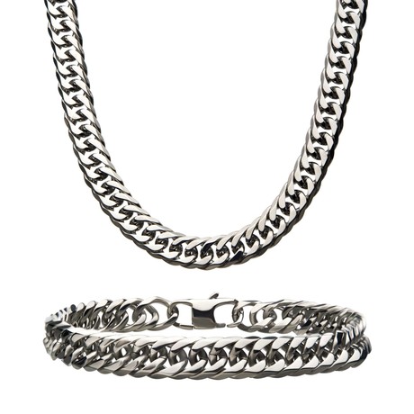 Double Curb Chain Necklace + Bracelet Set // Steel