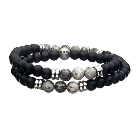 Double Wrap Scenery Jasper + Onyx Stone Bracelet // Black + Gray