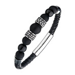 Leather + Steel + Tiger Eye Hybrid Bracelet // Black + Silver