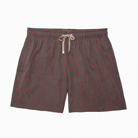 Kutuco Embroidered Swim Shorts // Brown + Red (L)
