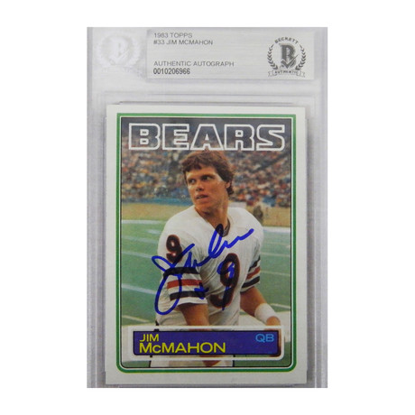 Jim McMahon // Signed Topps Rookie Football Trading Card #33 // Chicago Bears 1983 // Beckett Encapsulated