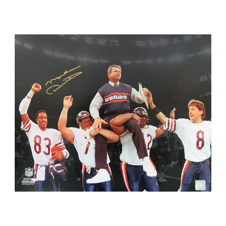 Mike Ditka // Signed Chicago Bears Super Bowl XX "Carried Off Field" Spotlight Photo // 16x20