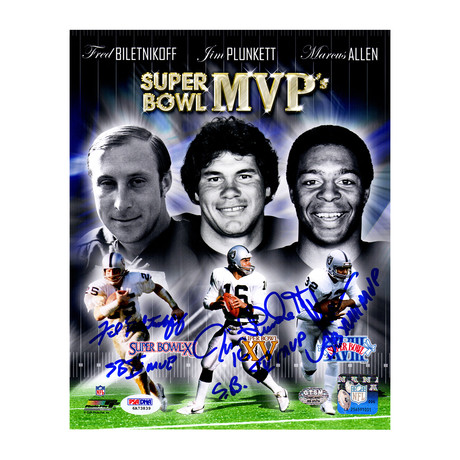 Fred Biletnikoff, Jim Plunkett & Marcus Allen // Triple Signed Photo // Raiders Super Bowl MVP // 8" x 10" // w/ "SB MVP" Inscription