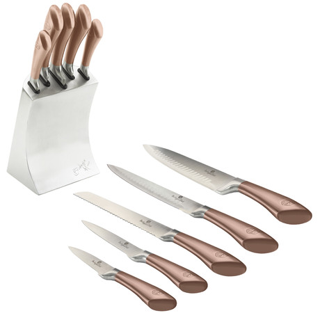 Limited Edition Knife Set + Stainless Steel Block // 6pcs // Metallic + Rose Gold