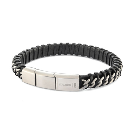 Stainless Steel Curb Link Leather Twisted Bracelet // Black + Silver (8")