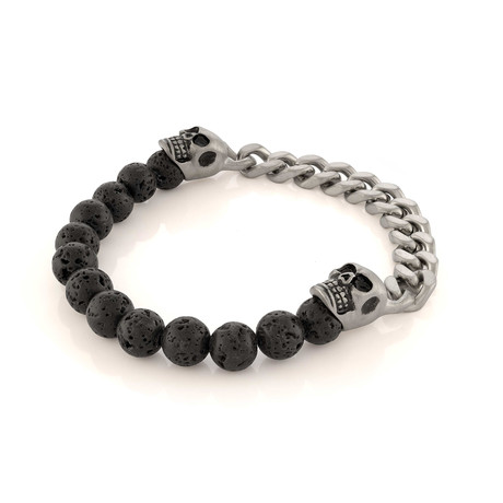 Stainless Steel Cuban Link + Lava Bead + Double Skull Bracelet // Black + Silver