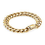 Stainless Steel Cuban Link Push Clasp Bracelet // 12mm // Gold