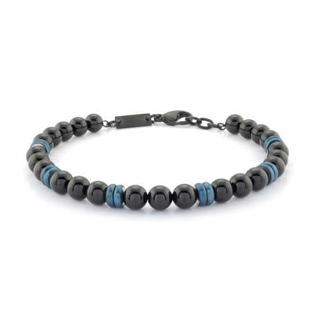Stainless Steel + Beaded Bracelet // Black + Blue