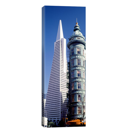 Low Angle View of Towers, Columbus Tower, Transamerica Pyramid, San Francisco, California, USA // Panoramic Images (20"W x 60"H x 0.75"D)