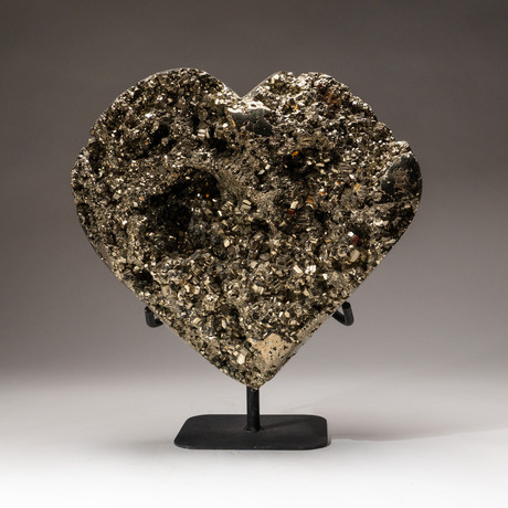 Genuine Polished Pyrite Heart + Metal Stand