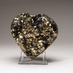 Genuine Polished Pyrite Heart + Acrylic Display Stand
