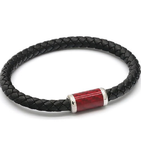 Braided Leather + Stainless Steel Bracelet // Black + Red + Silver