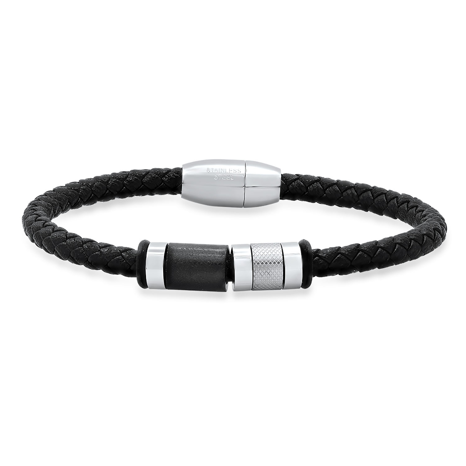 Braided Leather + Rubber + Stainless Steel Charm Bracelet // Black ...