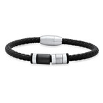 Black Braided Leather, Black Rubber And Two Tone Black Ip And Stainless Steel Charm Bracelet