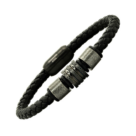 Braided Leather + Stainless Steel Beaded Bracelet // Black