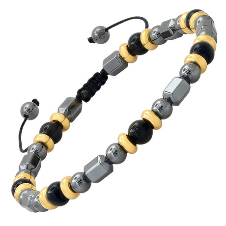 Hematite Beaded Drawstring Bracelet // Black + Gray + Yellow