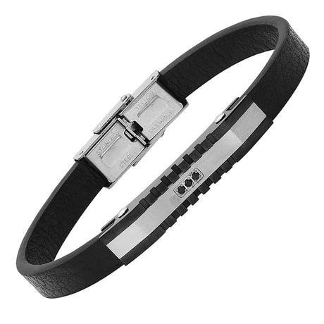 Leather + Stainless Steel + CZ Accent Bracelet // Black + Metallic