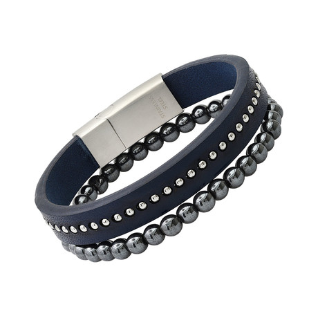 Hematite + Leather Bracelet Set // Navy Blue + Silver + Gray