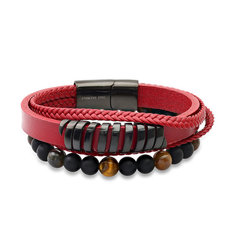 Anthony Jacobs // Lava + Tiger Eye Beaded Bracelet Set // Black + Brown + Red